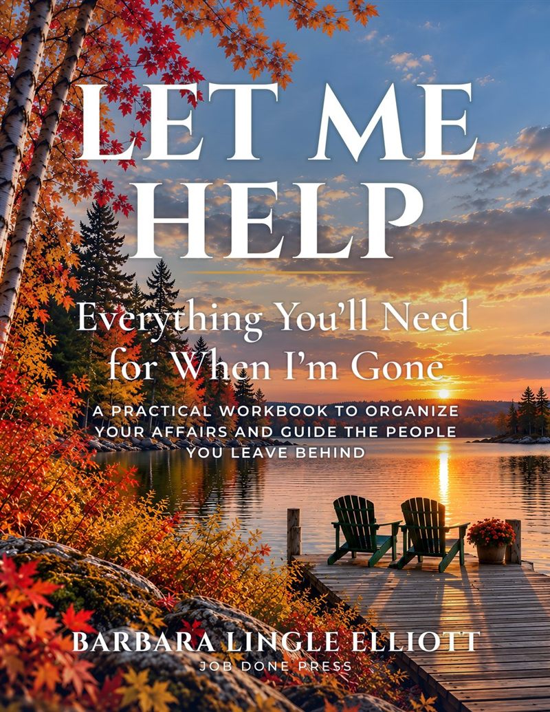 LET ME HELP workbook cover: a lakeside dock at sunset in autumn